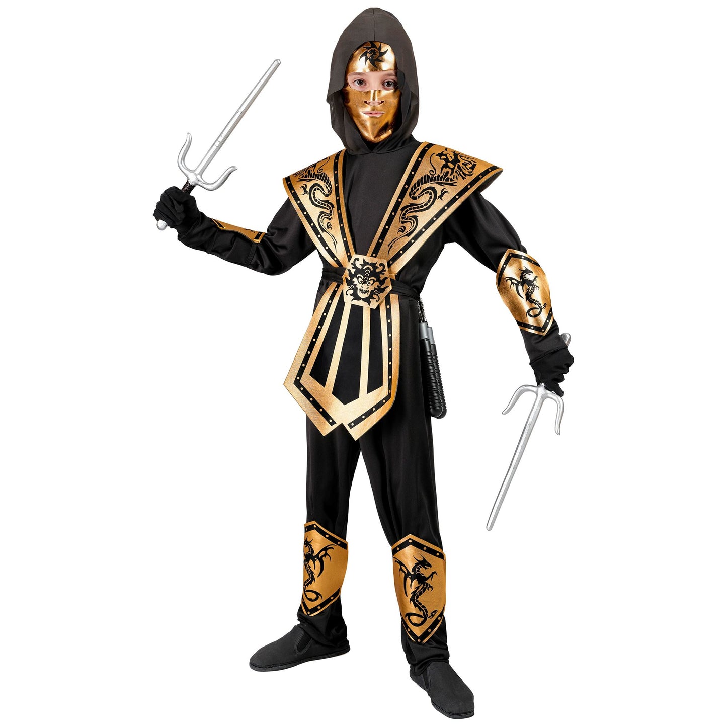 "GOLDENER KOMBAT NINJA" (Overall mit Kapuze, Brustrüstung, Gürtel, Arm- und Beinschnüre, Maske) – Detailansicht