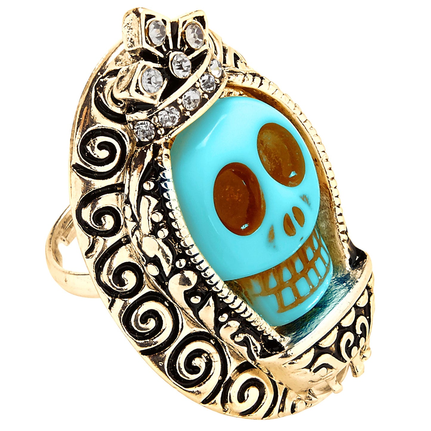 "GOLDENER RING MIT HELLBLAUEM TOTENKOPF UND STRASS" – Vorderansicht