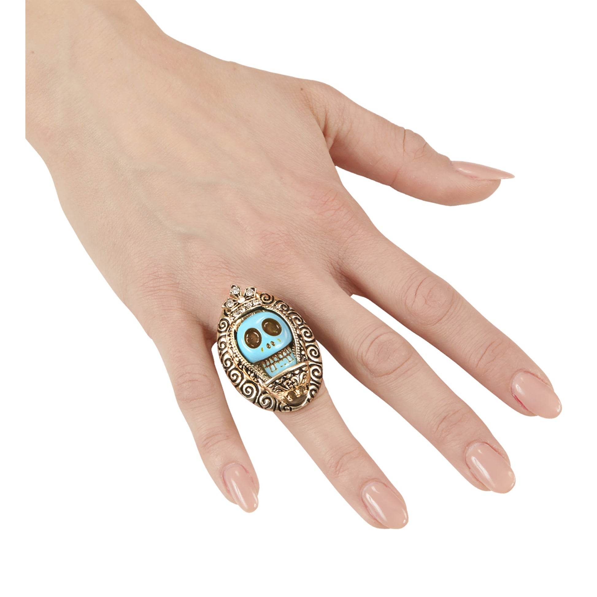 "GOLDENER RING MIT HELLBLAUEM TOTENKOPF UND STRASS" – Detailansicht