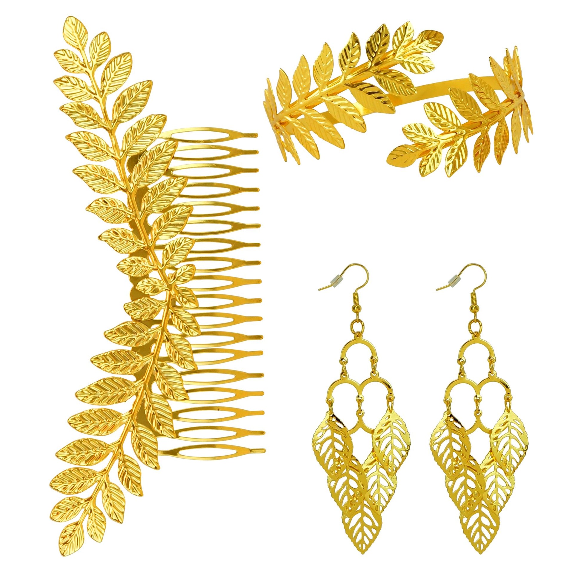 "GOLDENES LORBEERBLATT SCHMUCKSET" (Kopfschmuck, Ohrringe, Armband) – Vorderansicht