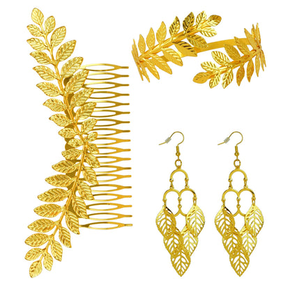 "GOLDENES LORBEERBLATT SCHMUCKSET" (Kopfschmuck, Ohrringe, Armband) – Vorderansicht