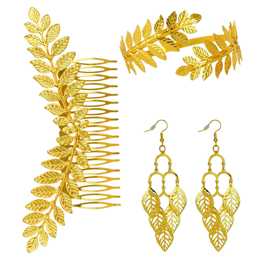 "GOLDENES LORBEERBLATT SCHMUCKSET" (Kopfschmuck, Ohrringe, Armband) – Vorderansicht