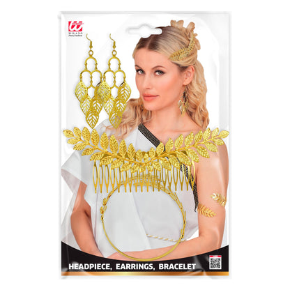 "GOLDENES LORBEERBLATT SCHMUCKSET" (Kopfschmuck, Ohrringe, Armband) – Detailansicht