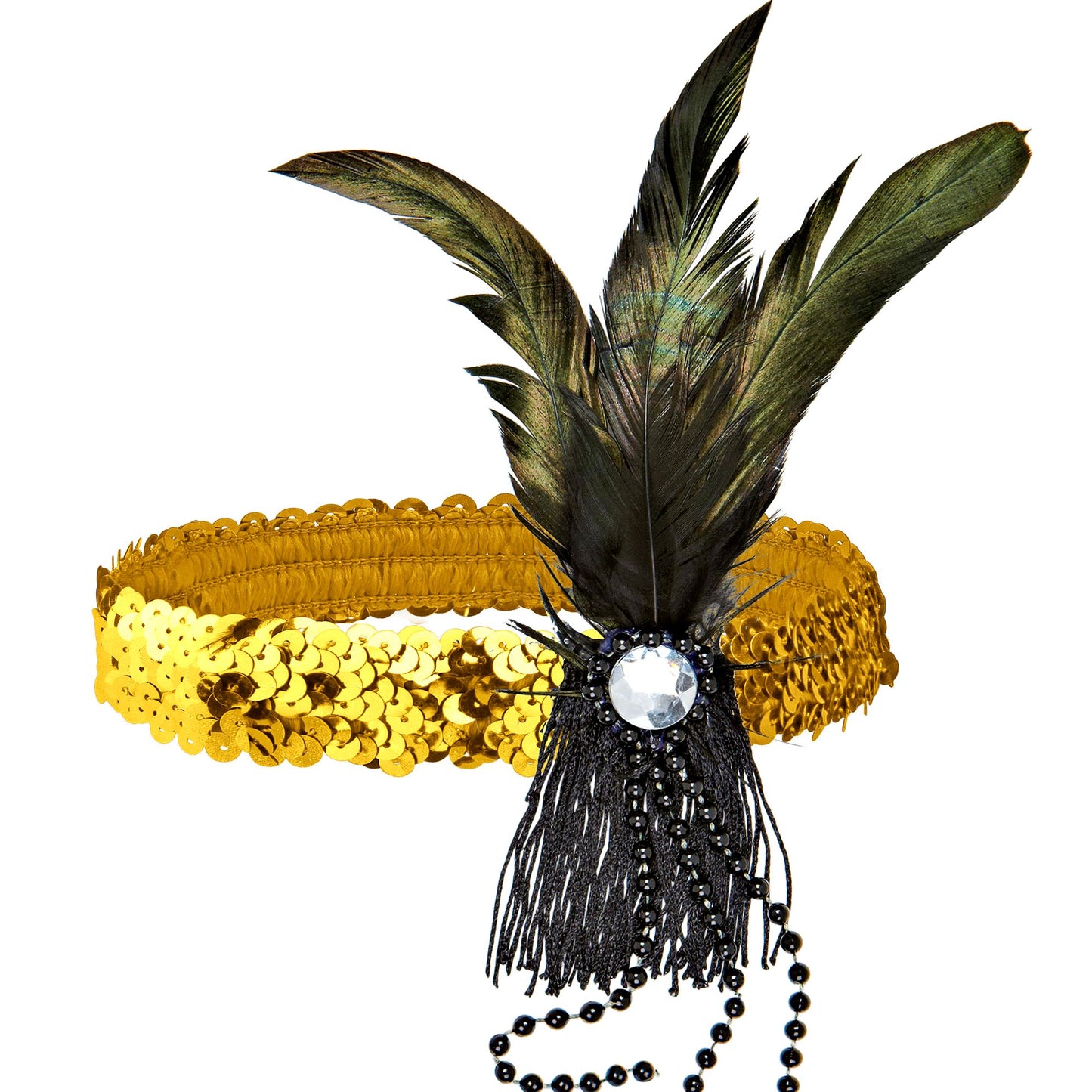 "GOLDENES STIRNBAND FARBE MIT PAILLETTEN, FEDERN UND PERLEN" – Vorderansicht