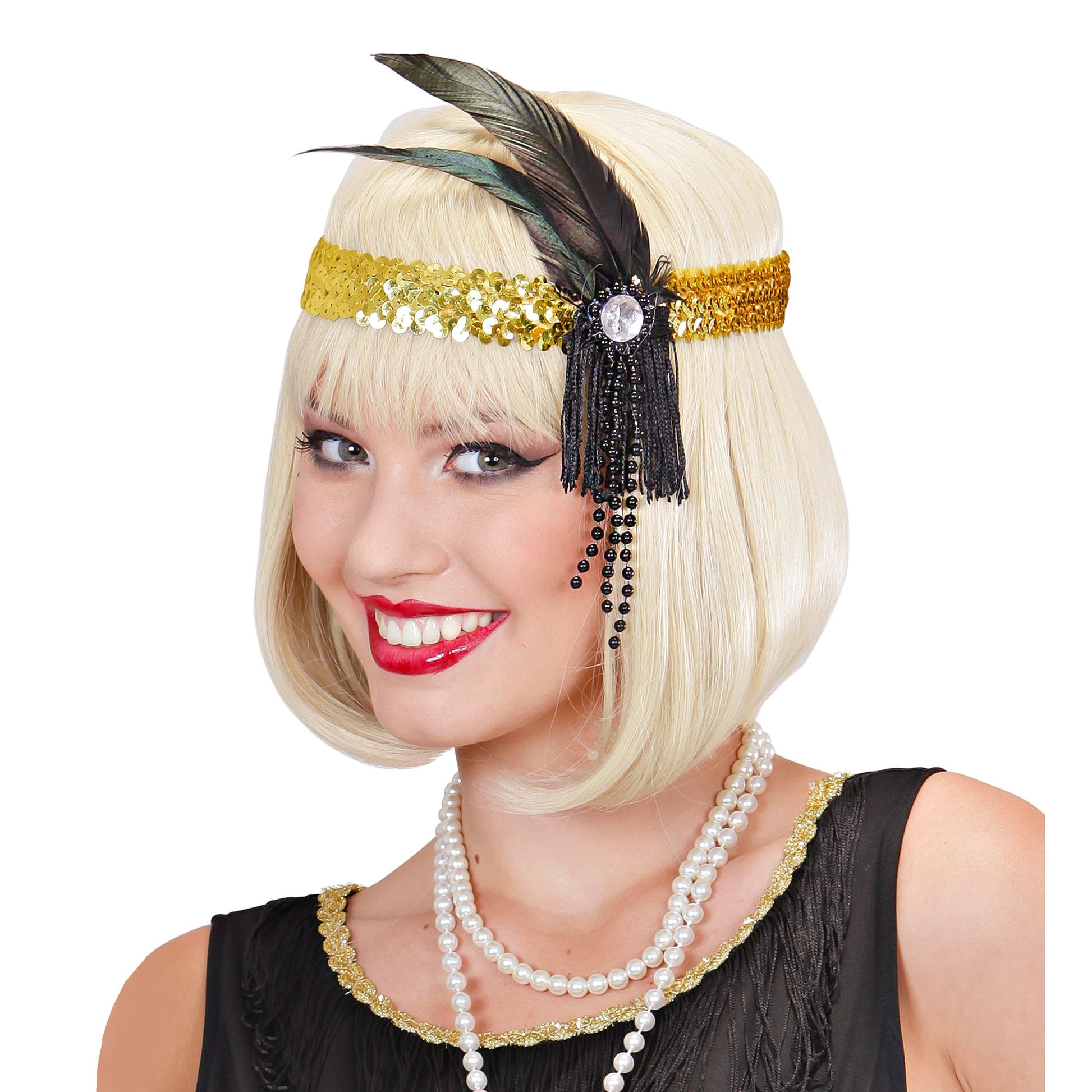 "GOLDENES STIRNBAND FARBE MIT PAILLETTEN, FEDERN UND PERLEN" – Detailansicht