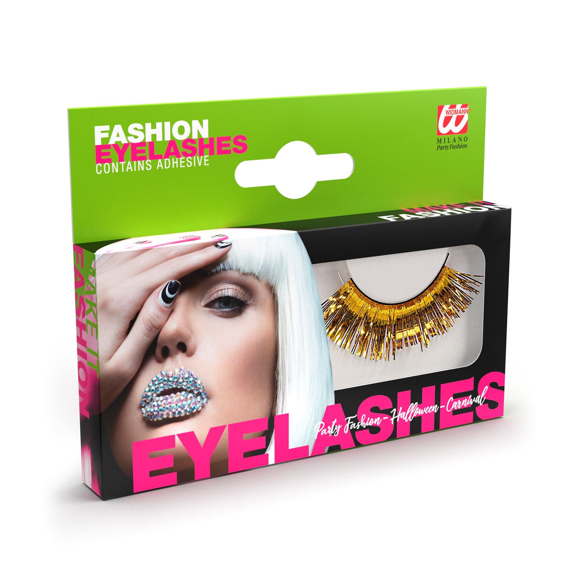 "GOLDMETALLISCHE WIMPERN" in Box mit Kleber in Glasflasche – Vorderansicht