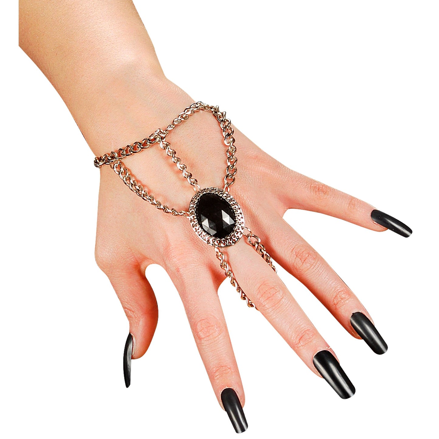 "GOTISCHE HANDGELENK-KETTE MIT SCHWARZEM EDELSTEIN MEDAILLON" – Vorderansicht