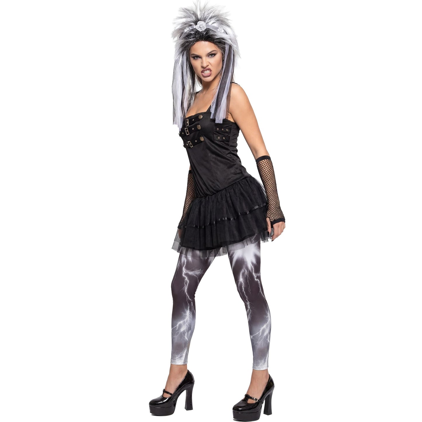"GOTISCHE PUNKERIN" (Kleid, Leggings, Kopfschmuck, Handschuhe) – Detailansicht