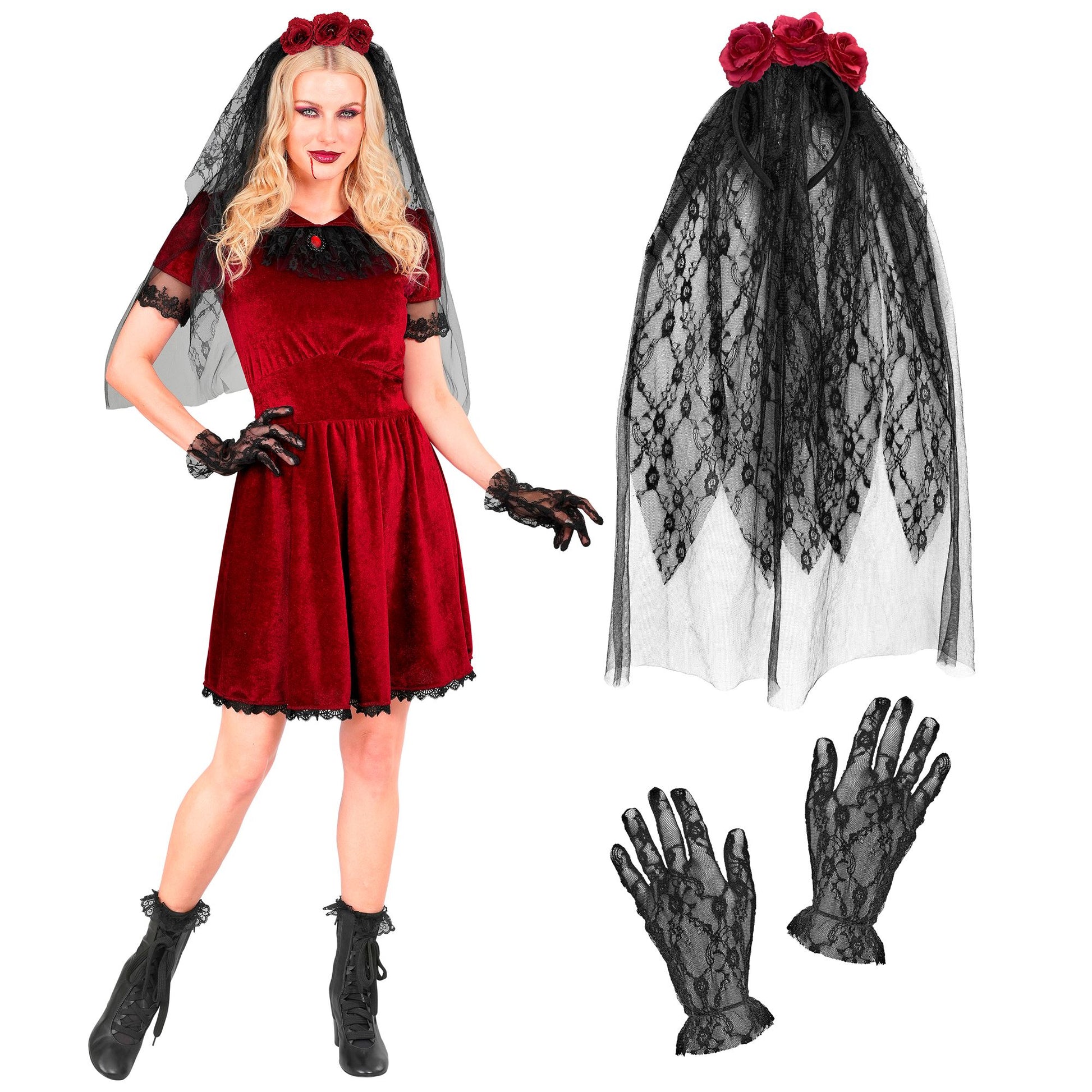 "GOTISCHE VAMPIRBRAUT" (Kleid, Schleier mit Blumen, Handschuhe) – Detailansicht