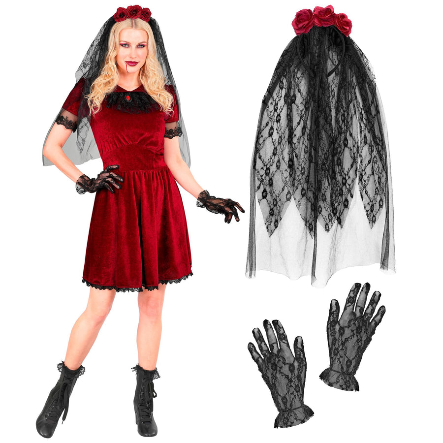 "GOTISCHE VAMPIRBRAUT" (Kleid, Schleier mit Blumen, Handschuhe) – Detailansicht