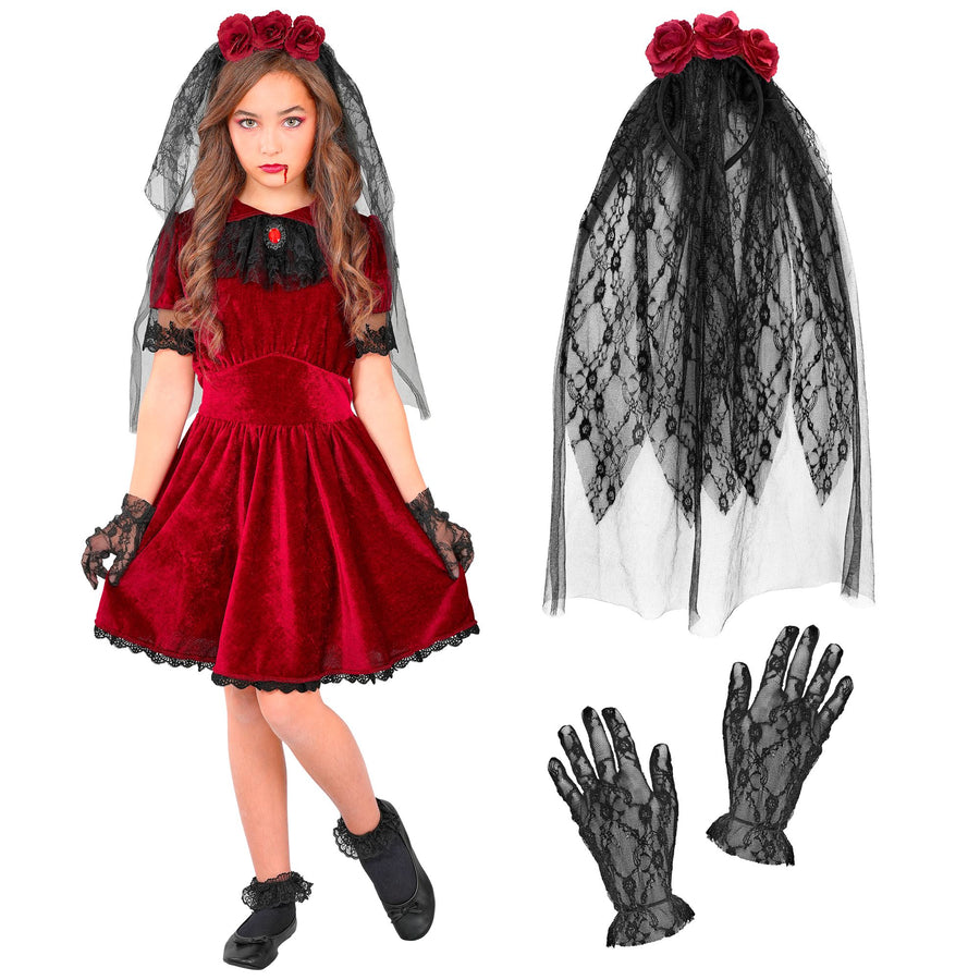 "GOTISCHE VAMPIRBRAUT" (Kleid, Schleier mit Blumen, Handschuhe) – Detailansicht