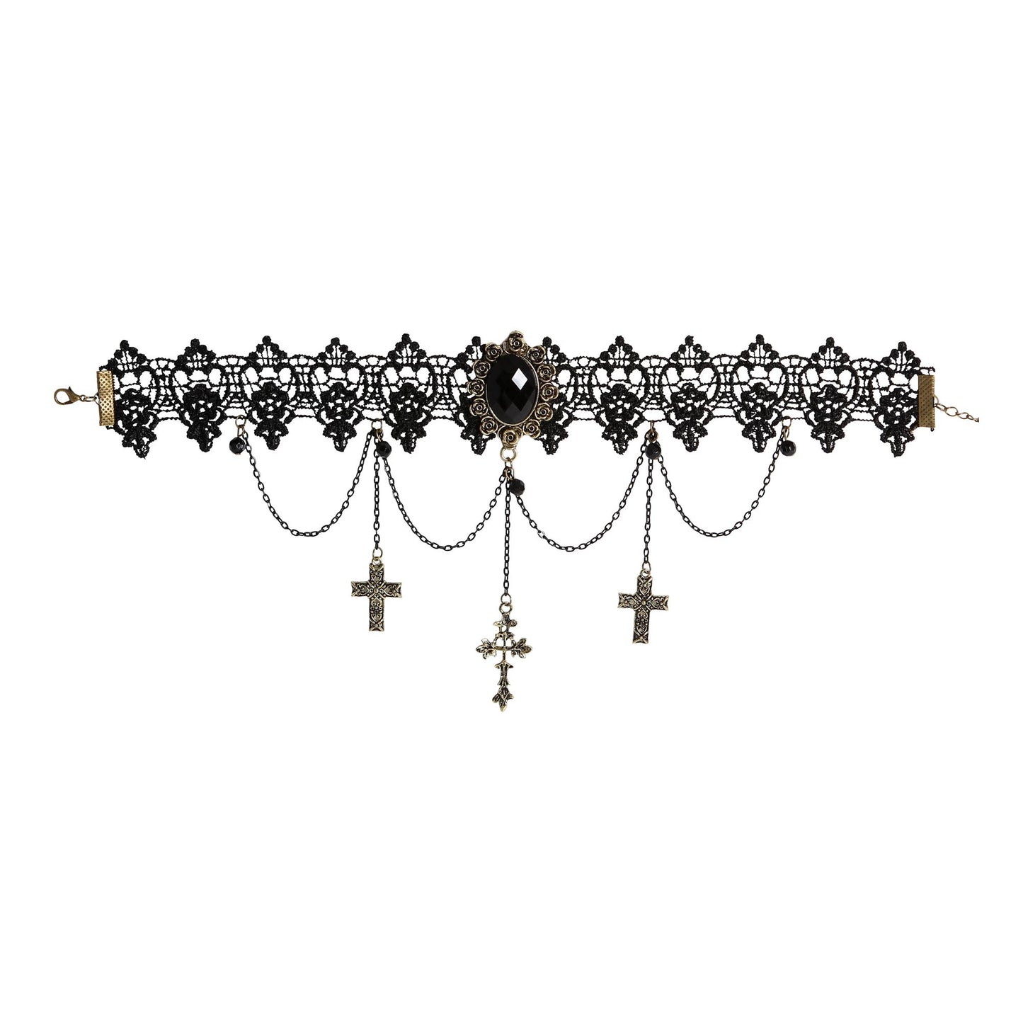 "GOTISCHES HALSBAND MIT SCHWARZEM ANHÄNGER, KETTEN & KREUZEN" – Vorderansicht