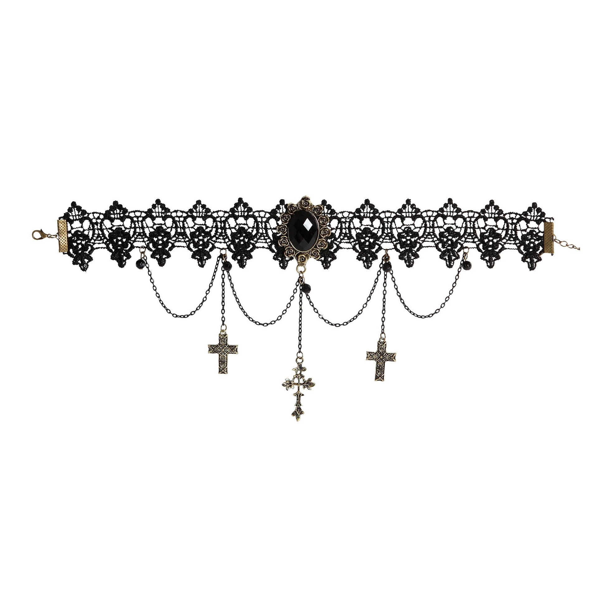 "GOTISCHES HALSBAND MIT SCHWARZEM ANHÄNGER, KETTEN & KREUZEN" – Vorderansicht
