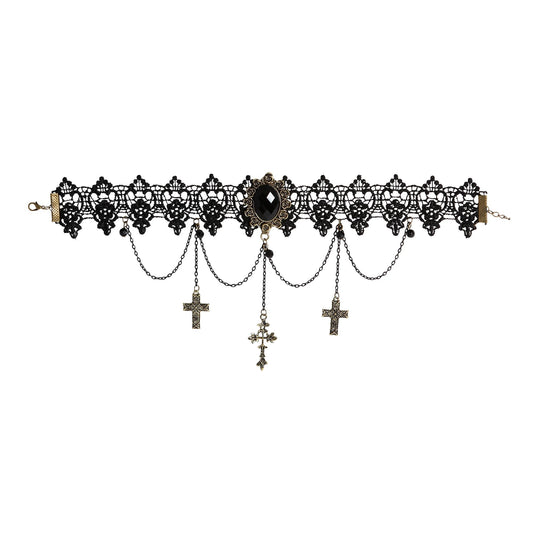 "GOTISCHES HALSBAND MIT SCHWARZEM ANHÄNGER, KETTEN & KREUZEN" – Vorderansicht
