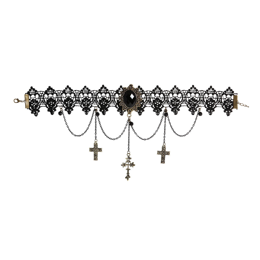 "GOTISCHES HALSBAND MIT SCHWARZEM ANHÄNGER, KETTEN & KREUZEN" – Vorderansicht