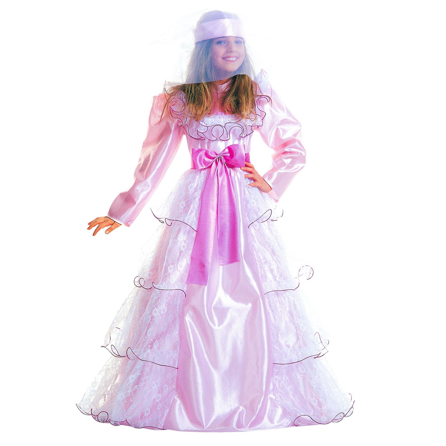 "GRAN GALA DAME" (Kleid mit Petticoat, Gürtel mit Schleife, Kopfbedeckung mit Schleiern) – Vorderansicht