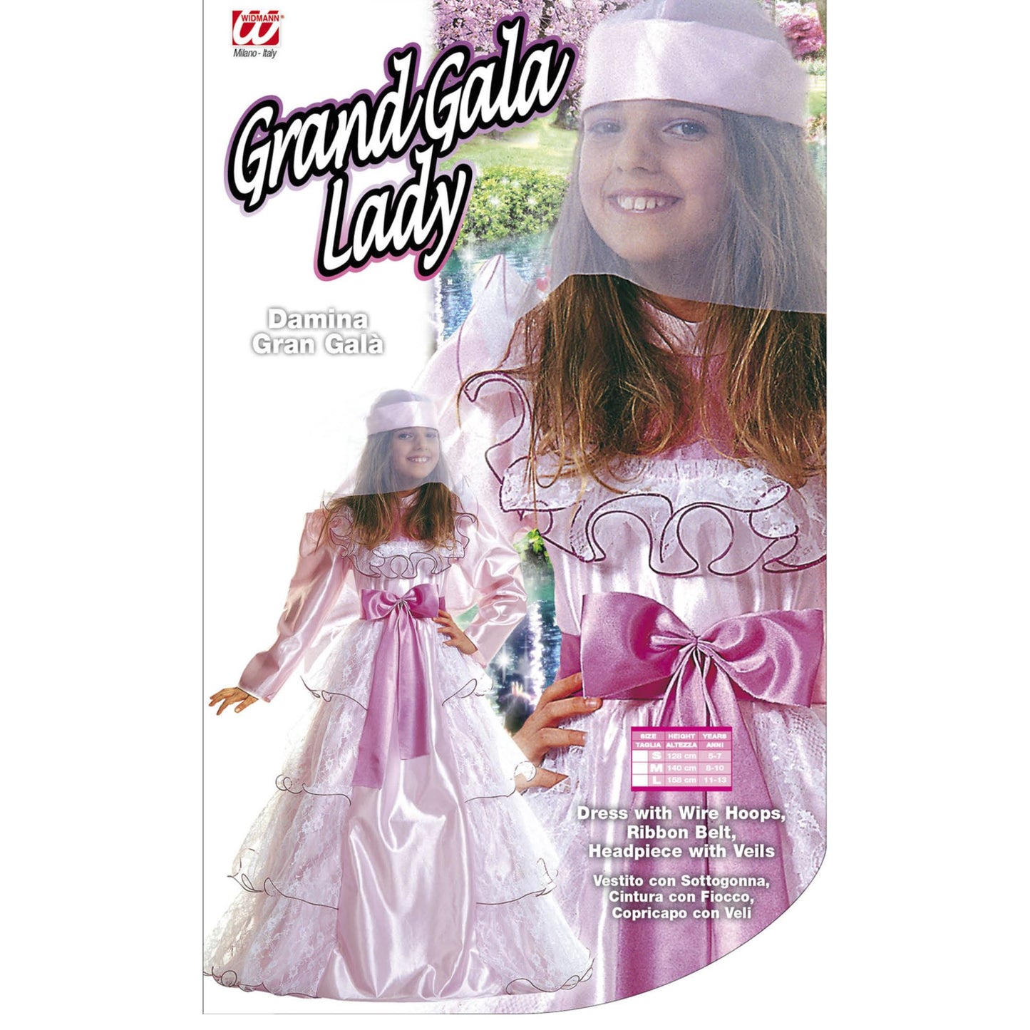 "GRAN GALA DAME" (Kleid mit Petticoat, Gürtel mit Schleife, Kopfbedeckung mit Schleiern) – Detailansicht