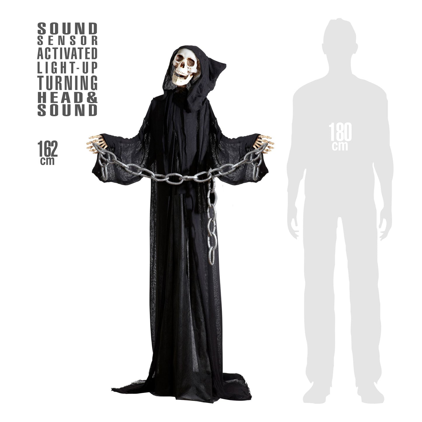 "GRIM REAPER MIT SICH DREHENDEM LEUCHTENDEM KOPF UND TON" geräuschaktiviert- 162 cm – Detailansicht