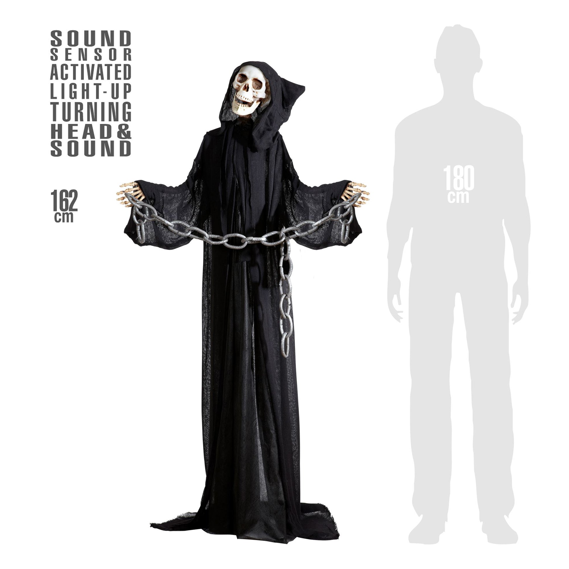"GRIM REAPER MIT SICH DREHENDEM LEUCHTENDEM KOPF UND TON" geräuschaktiviert- 162 cm – Detailansicht