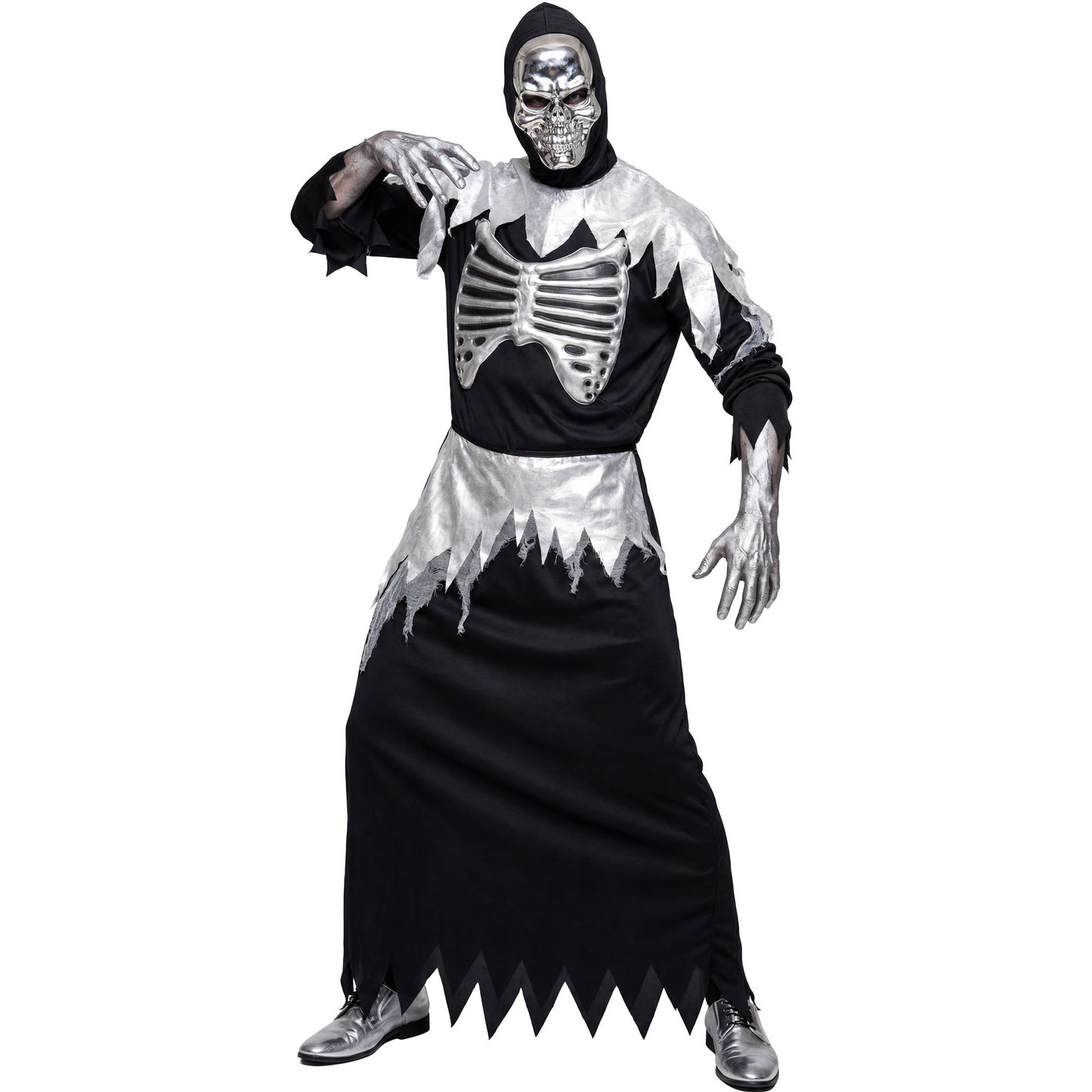 "GRIM REAPER" (Robe mit Rippenaufdruck, Gürtel, Maske mit Kapuze) – Vorderansicht