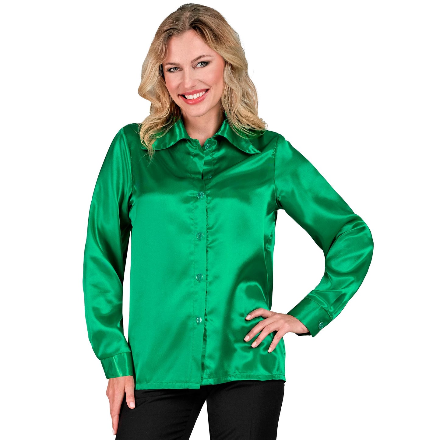 "GRÜNE 70s DISCO BLUSE" aus Satin – Vorderansicht