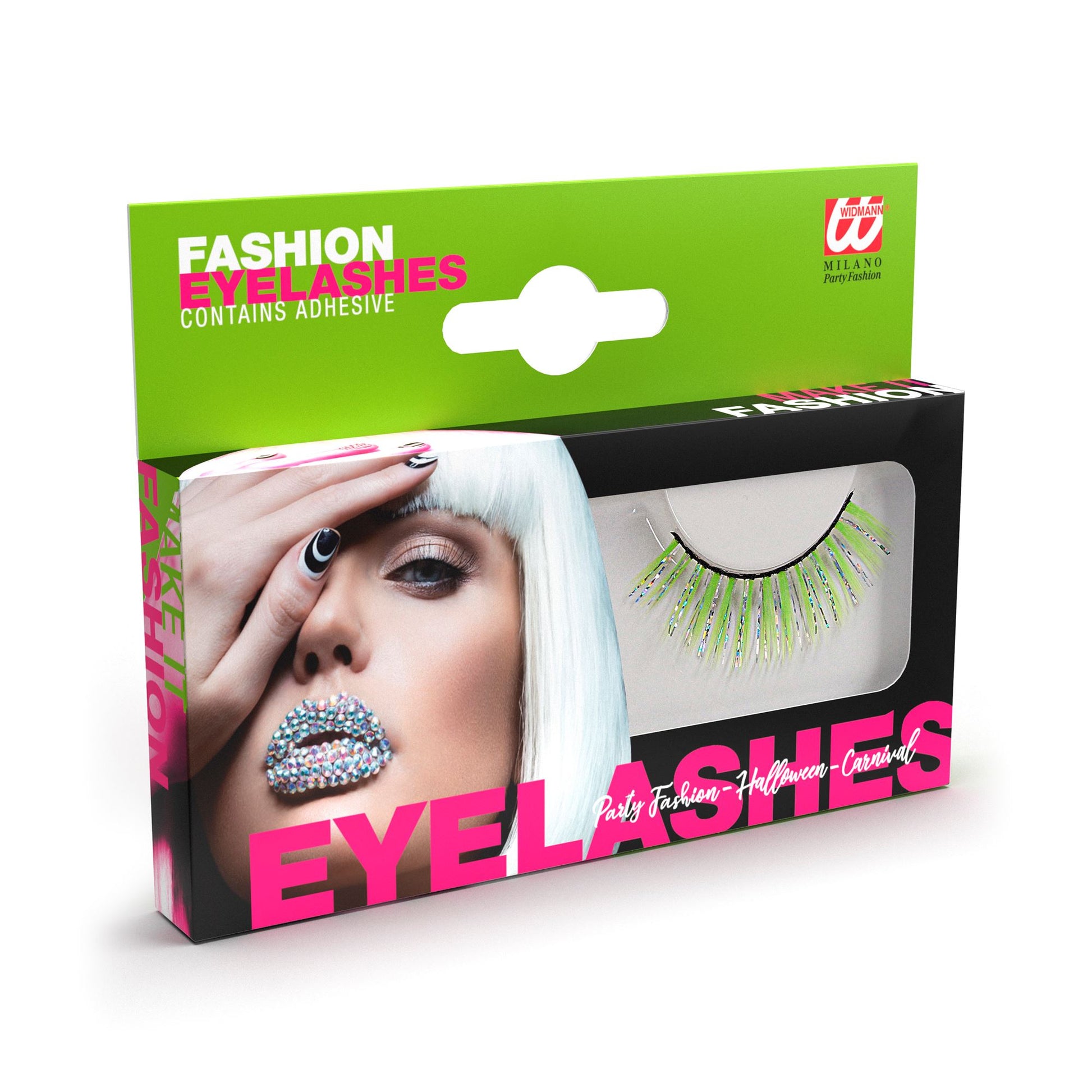 "GRÜNE HOLOGRAPHISCHE FASHION WIMPERN" mit Klebstofftube – Vorderansicht