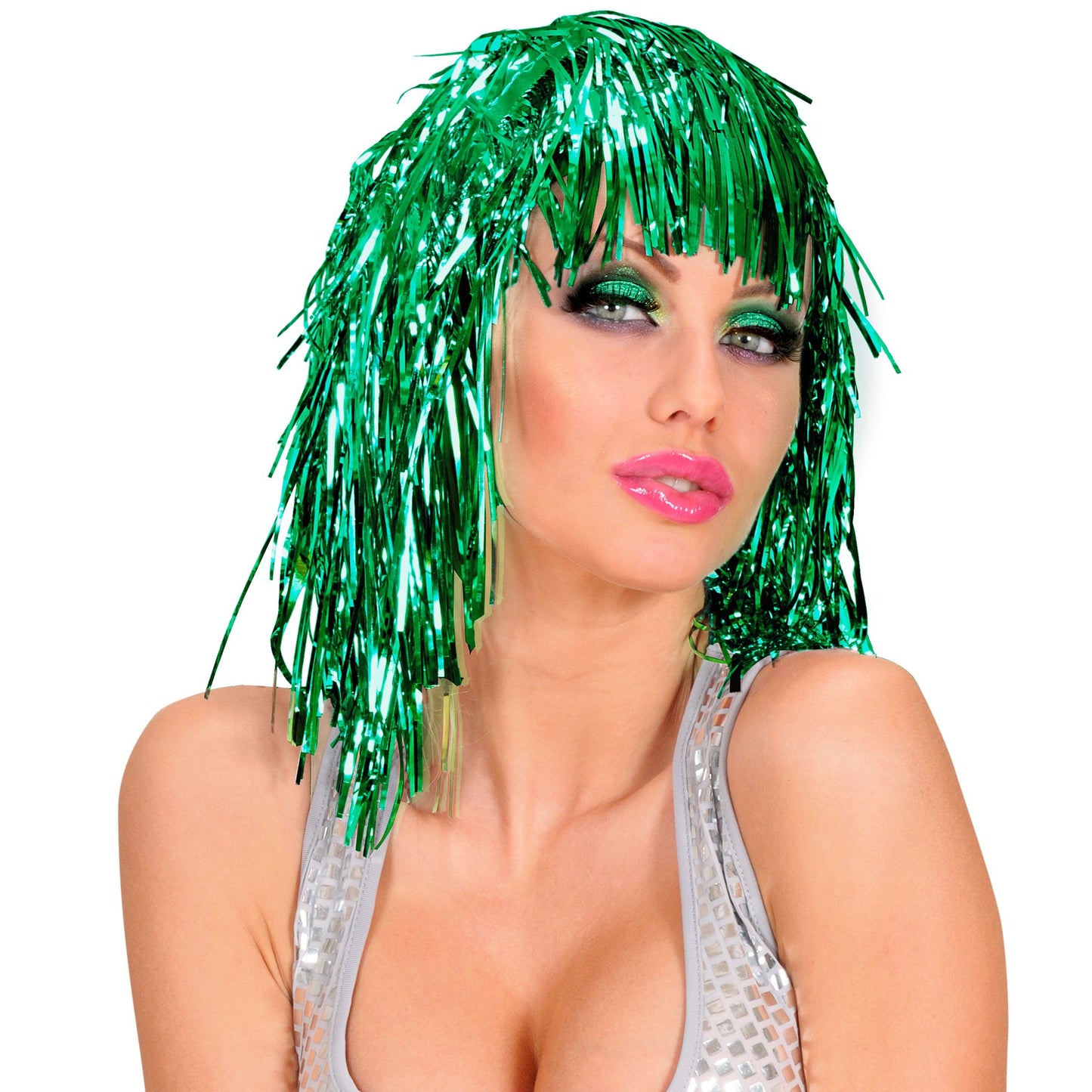 "GRÜNE LAMÉ PERÜCKE" in Polybag – Vorderansicht