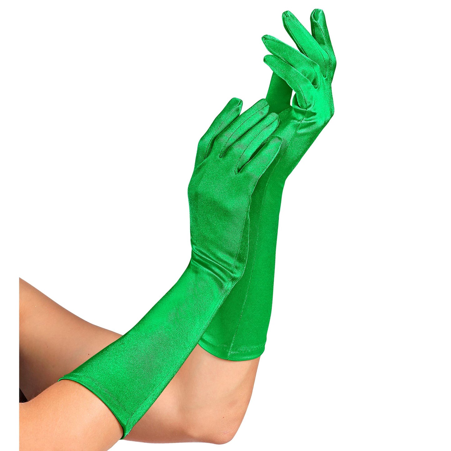 "GRÜNE SATIN HANDSCHUHE IN ELASTHAN" 40 cm – Vorderansicht