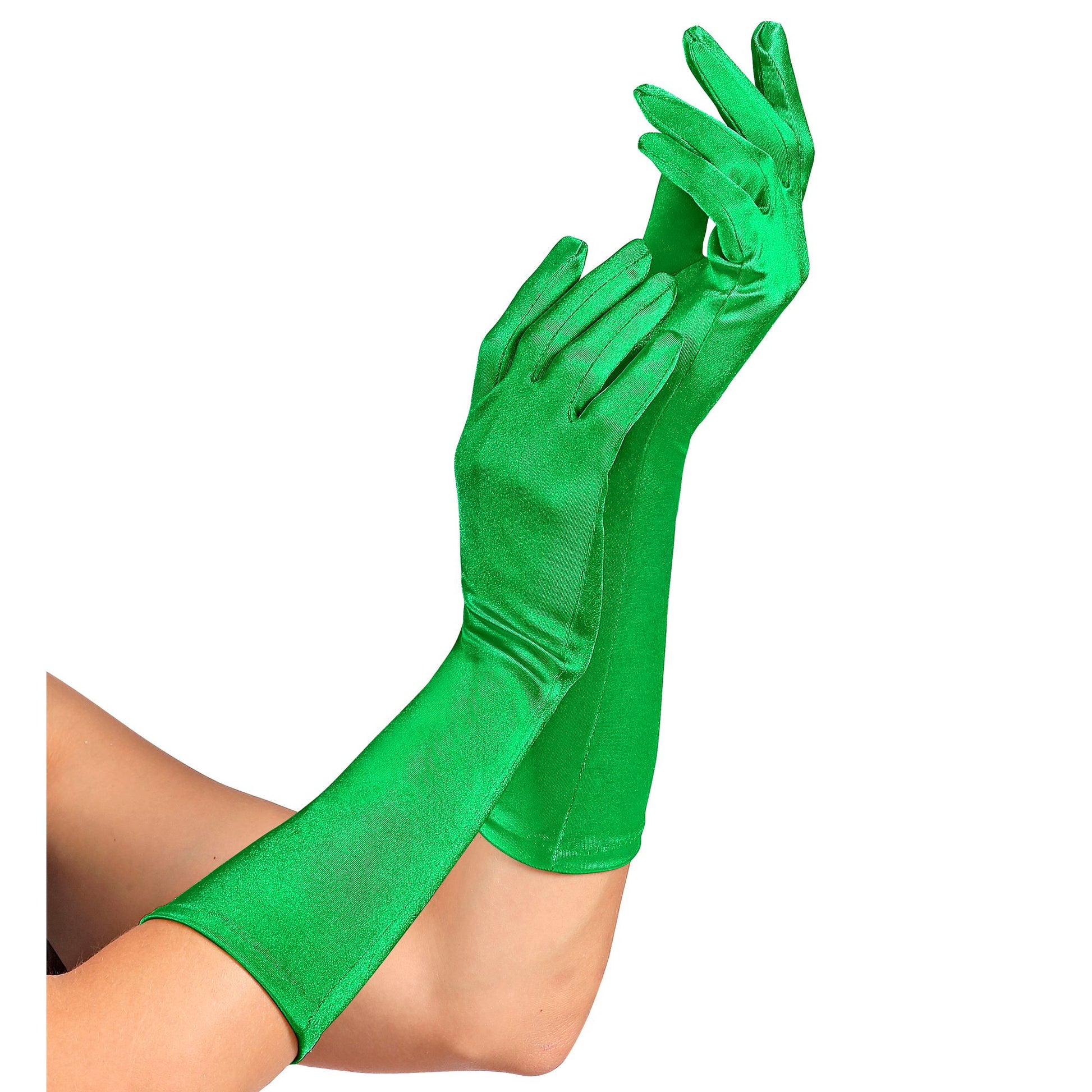 "GRÜNE SATIN HANDSCHUHE IN ELASTHAN" 40 cm – Vorderansicht