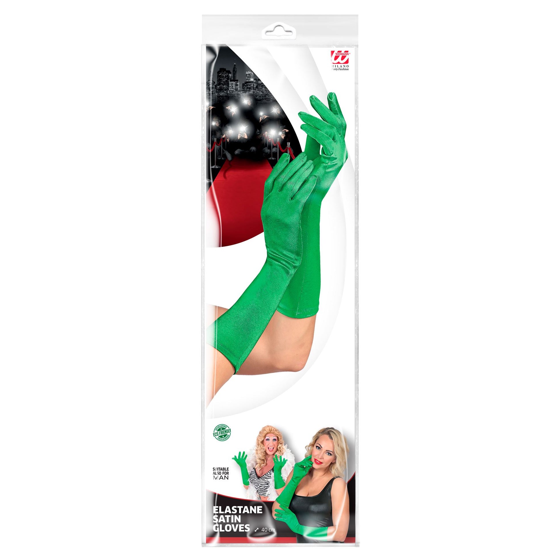 "GRÜNE SATIN HANDSCHUHE IN ELASTHAN" 40 cm – Detailansicht