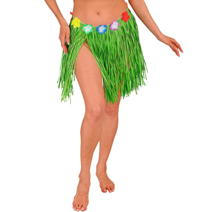 "GRÜNER HAWAII BASTROCK MIT BLUMENGÜRTEL" 40 cm - größenverstellbar – Vorderansicht