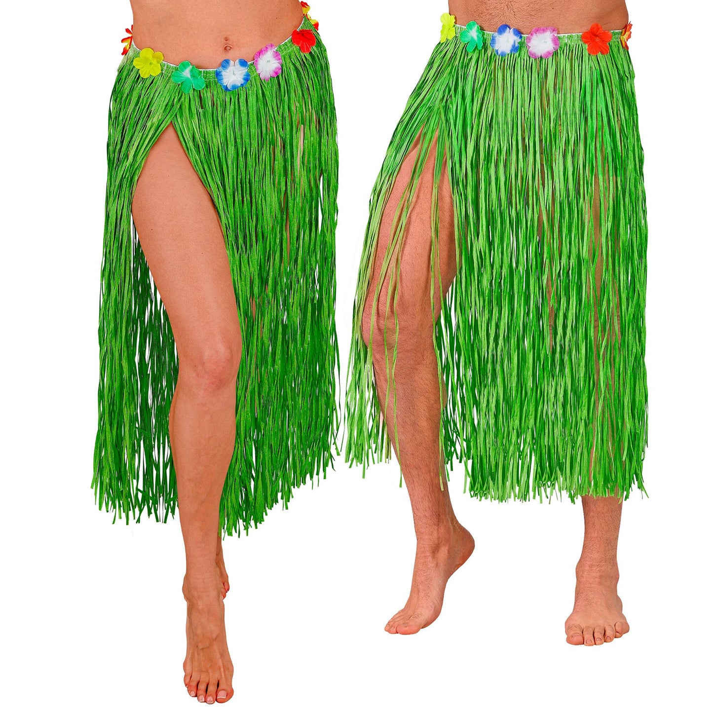 "GRÜNER HAWAII BASTROCK MIT BLUMENGÜRTEL" 80 cm - größenverstellbar – Vorderansicht