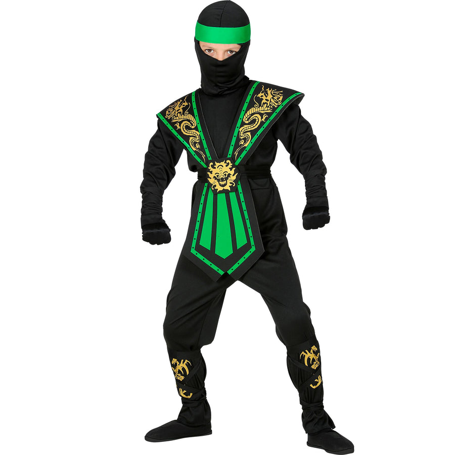 "GRÜNER KOMBAT NINJA" (Overall, Brustrüstung, Gürtel, Arm- und Beinschnüre, Maske, Stirnband) – Vorderansicht