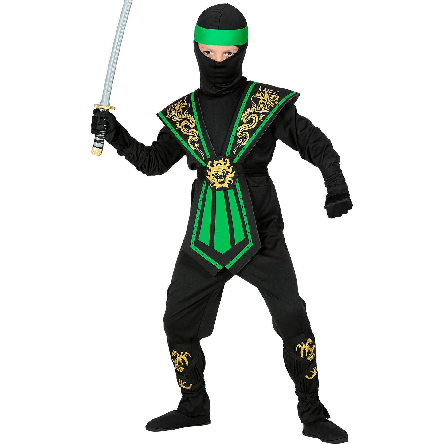 "GRÜNER KOMBAT NINJA" (Overall, Brustrüstung, Gürtel, Arm- und Beinschnüre, Maske, Stirnband) – Detailansicht