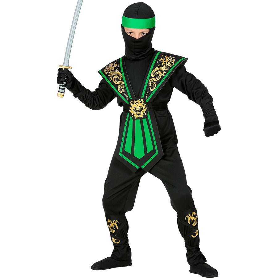 "GRÜNER KOMBAT NINJA" (Overall, Brustrüstung, Gürtel, Arm- und Beinschnüre, Maske, Stirnband) – Detailansicht