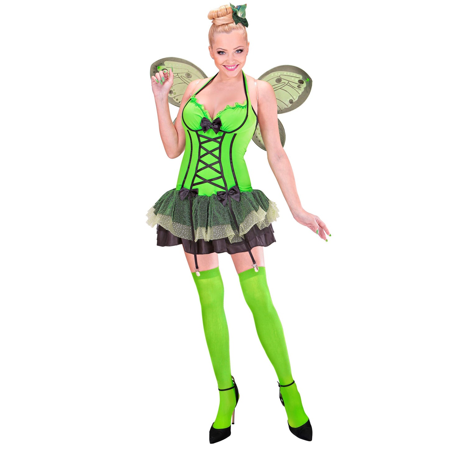 "GRÜNER SCHMETTERLING" (Kleid mit Strapsen, Flügel, Haarspange mit Blume und Schleife) – Vorderansicht