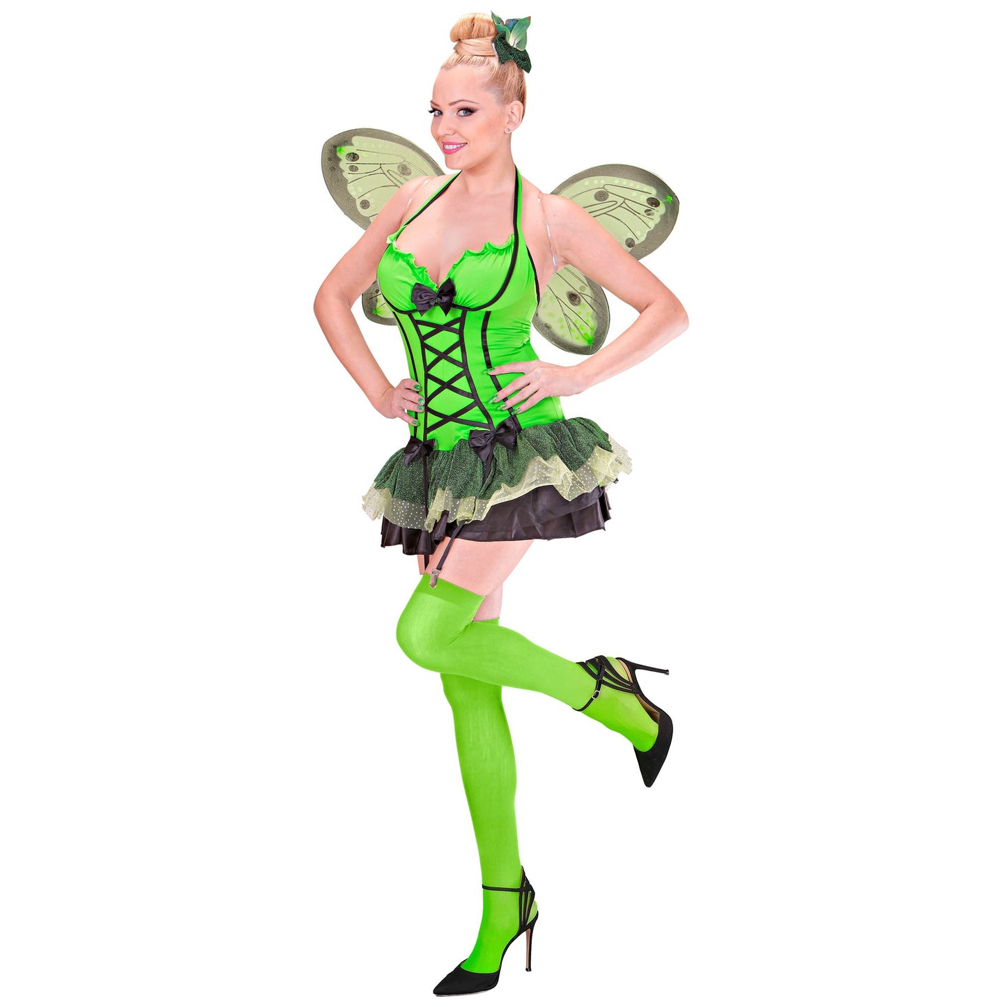 "GRÜNER SCHMETTERLING" (Kleid mit Strapsen, Flügel, Haarspange mit Blume und Schleife) – Detailansicht