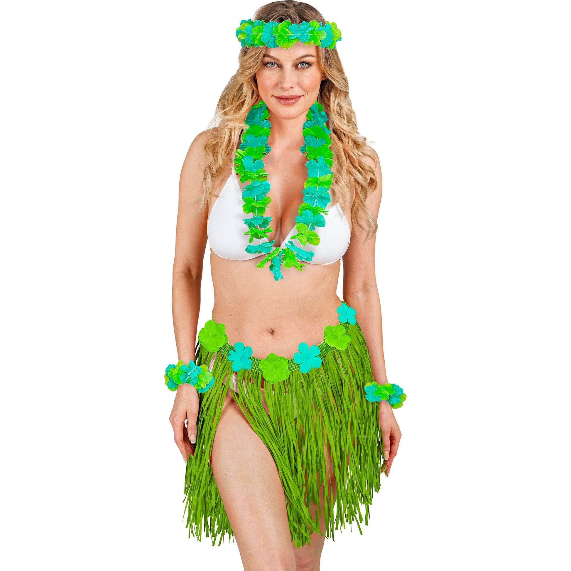 "GRÜNES HAWAII-SET" (Bastrock mit Blumengürtel, Halskette, Stirnband, 2 Armbänder) – Detailansicht