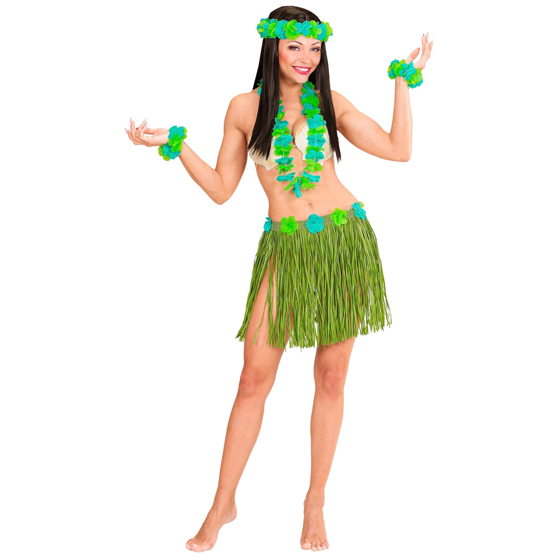 "GRÜNES HAWAII-SET" (Bastrock mit Blumengürtel, Halskette, Stirnband, 2 Armbänder) – Ansicht 3