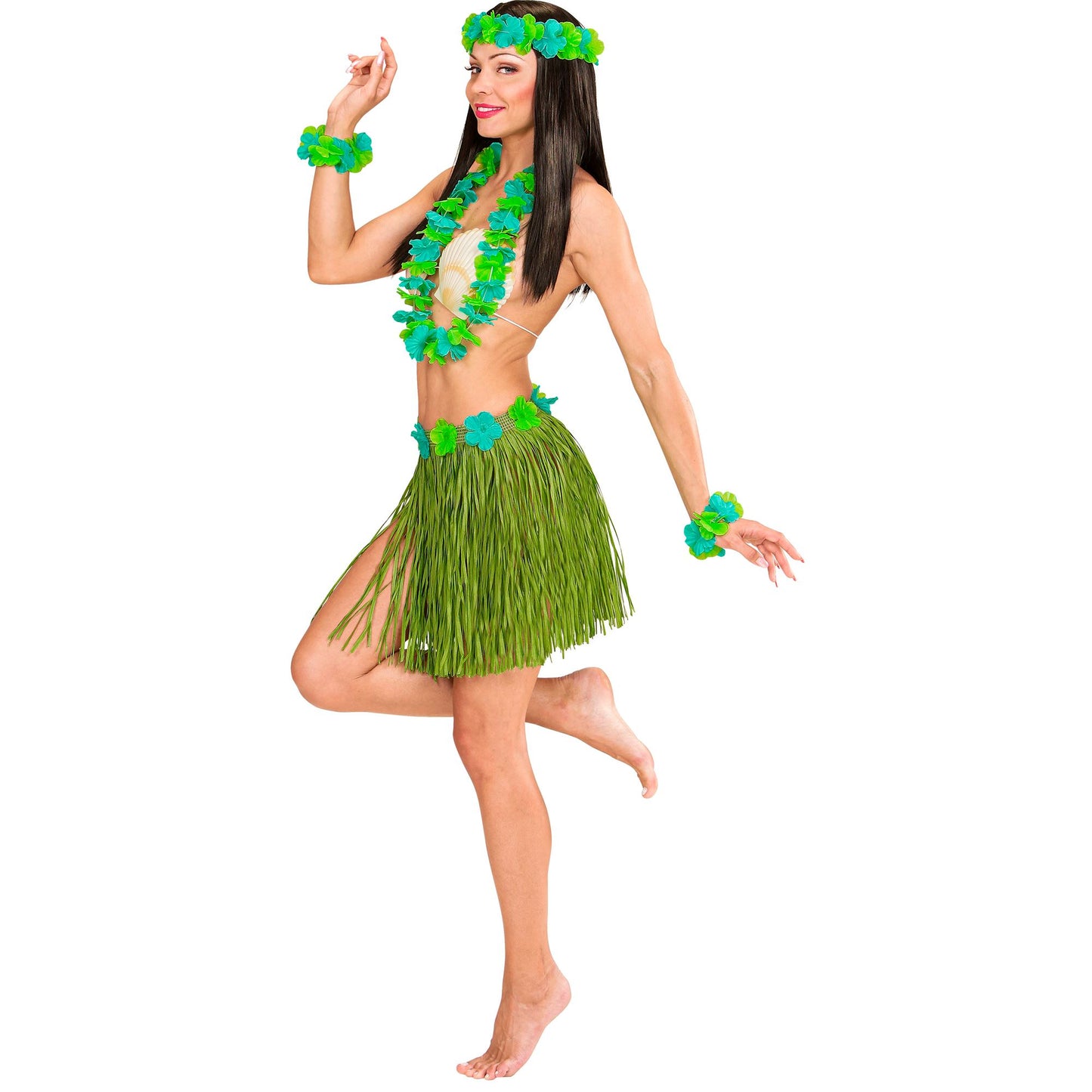 "GRÜNES HAWAII-SET" (Bastrock mit Blumengürtel, Halskette, Stirnband, 2 Armbänder) – Ansicht 4