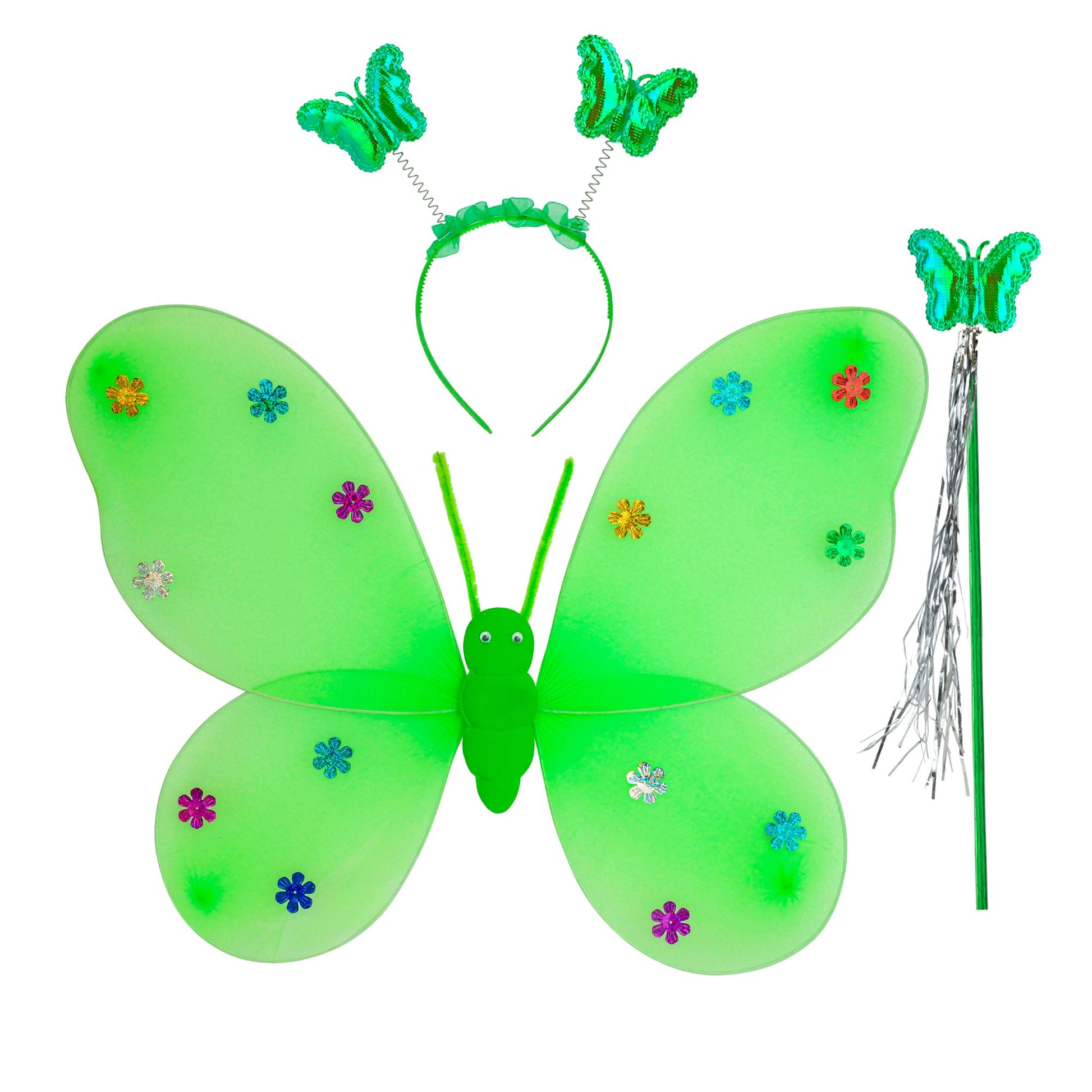 "GRÜNES SCHMETTERLINGS SET" (Flügel, Haarreif, Zauberstab) – Vorderansicht