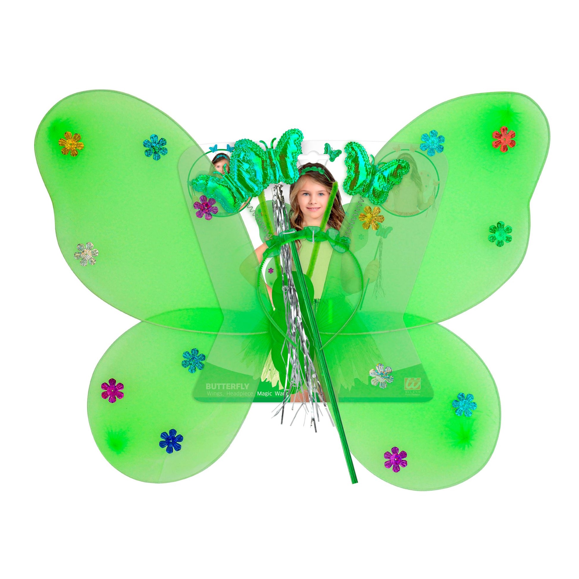 "GRÜNES SCHMETTERLINGS SET" (Flügel, Haarreif, Zauberstab) – Detailansicht