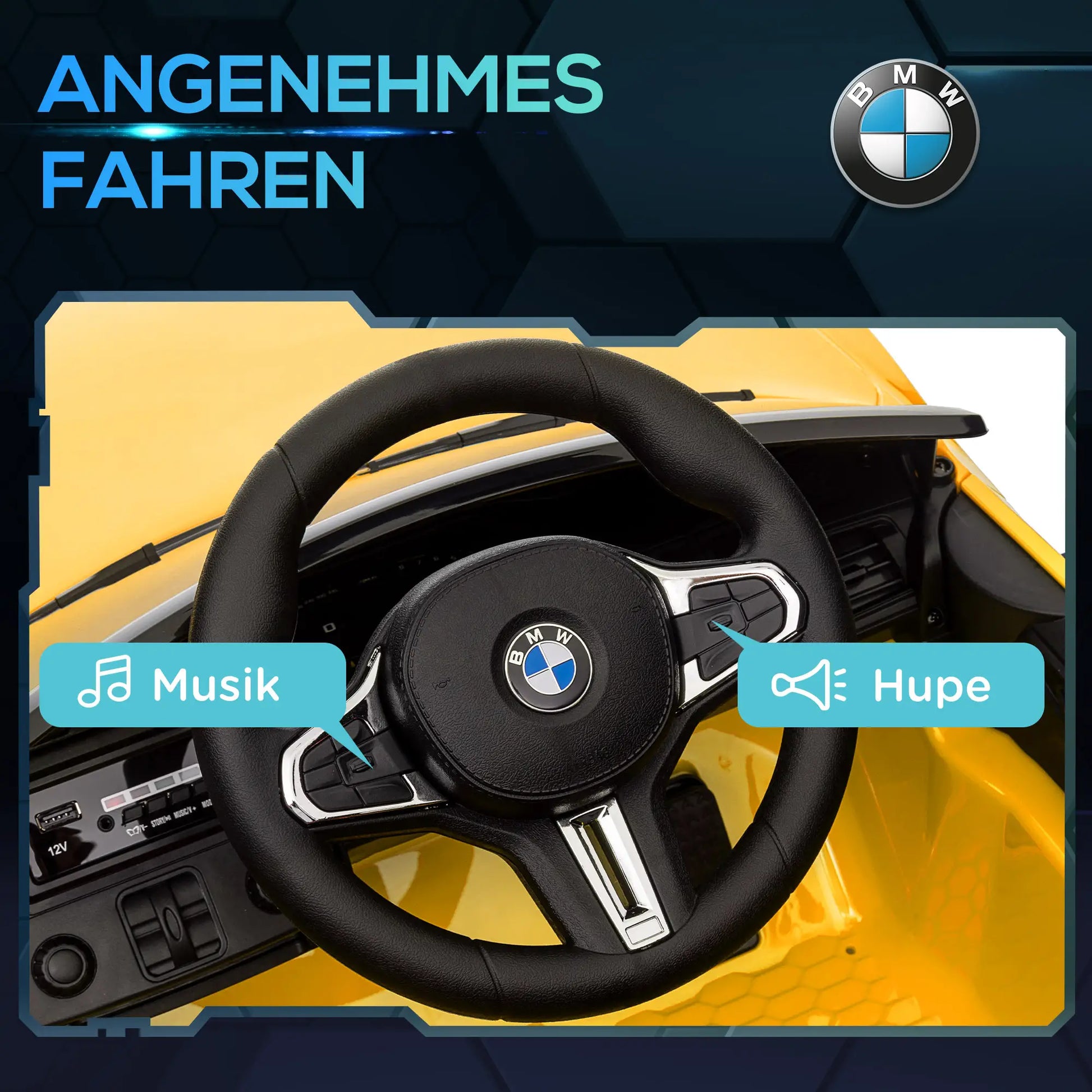 Gelbes BMW M4 Elektro Kinderauto mit Fernbedienung und LED-Scheinwerfern auf einem weißen Hintergrund.