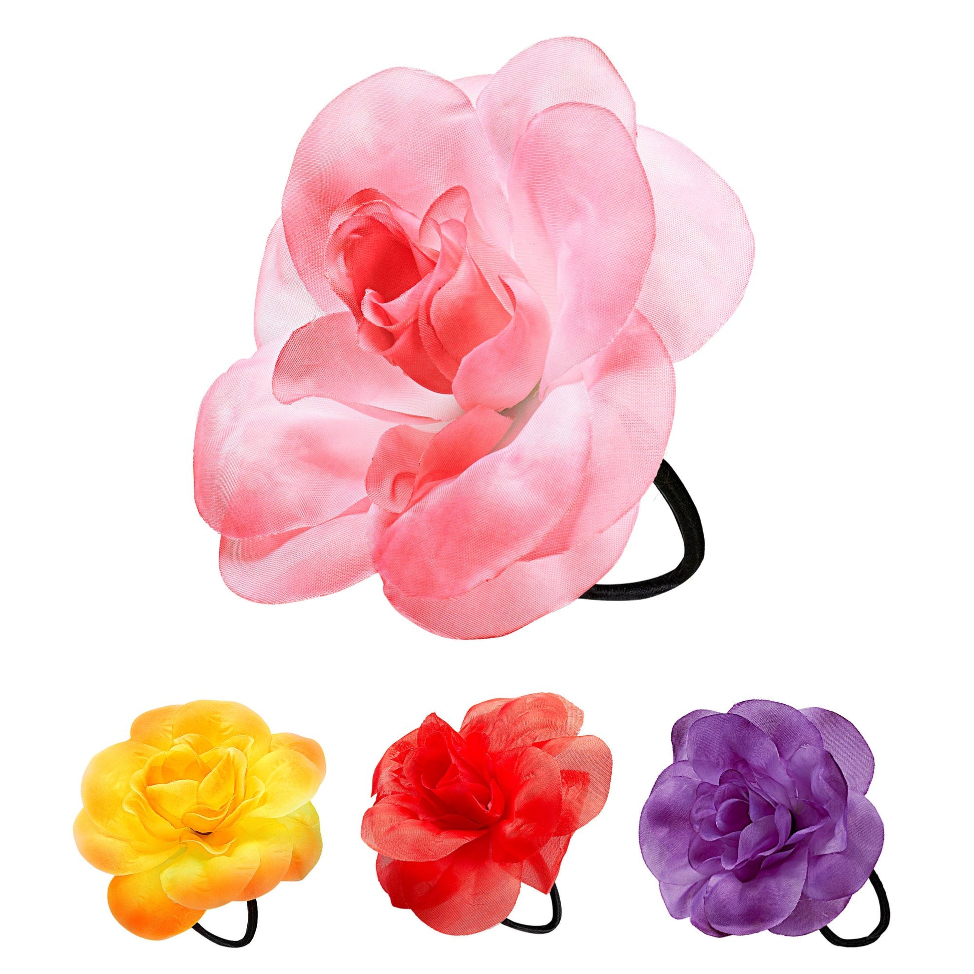 "HAARGUMMI MIT BLUME" in 4 Farben sort. (6 x rot + 2 x gelb, rosa, violett) – Vorderansicht