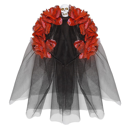 "HAARREIF MIT 6 ROTEN ROSEN, TOTENKOPF UND SCHLEIER" – Vorderansicht