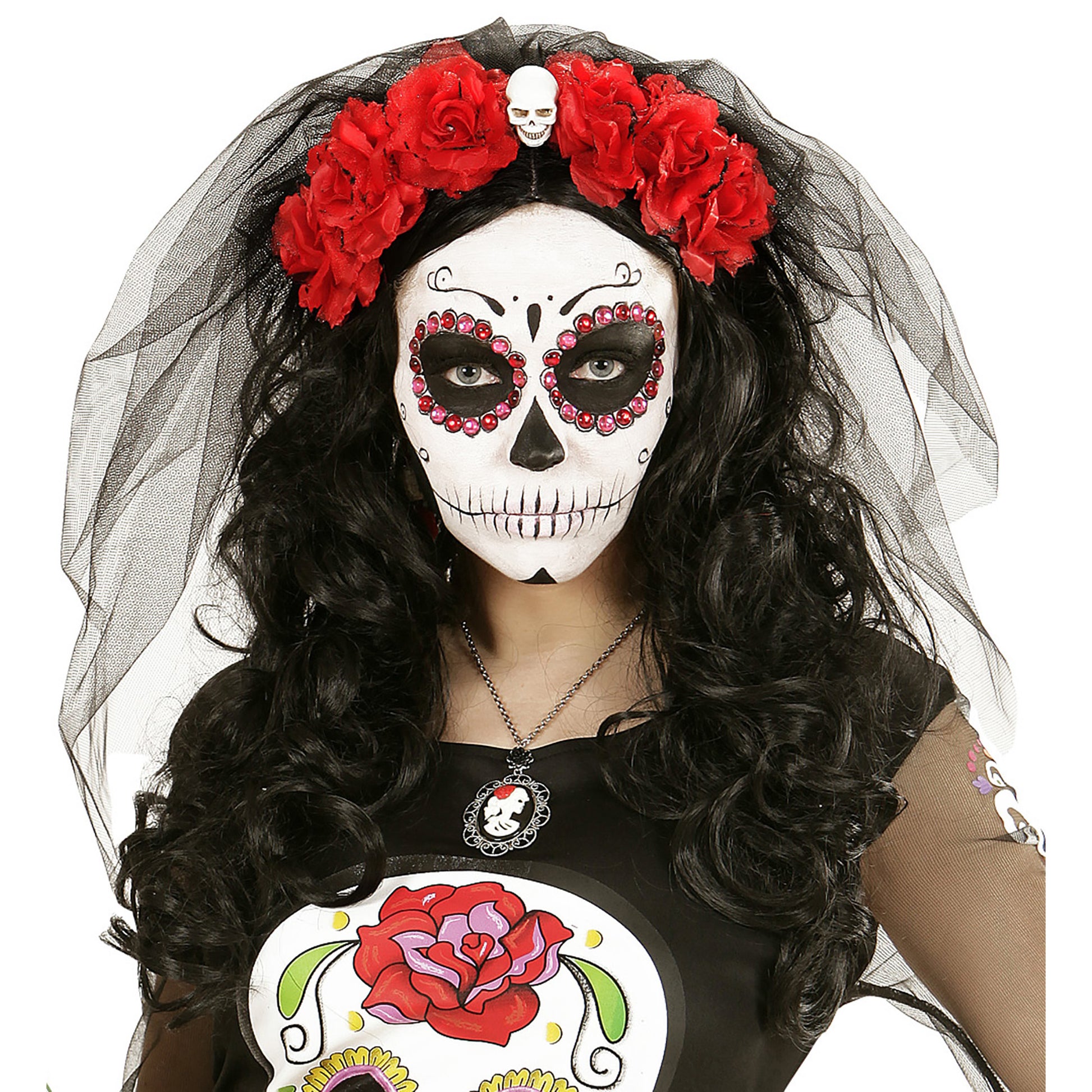 "HAARREIF MIT 6 ROTEN ROSEN, TOTENKOPF UND SCHLEIER" – Detailansicht