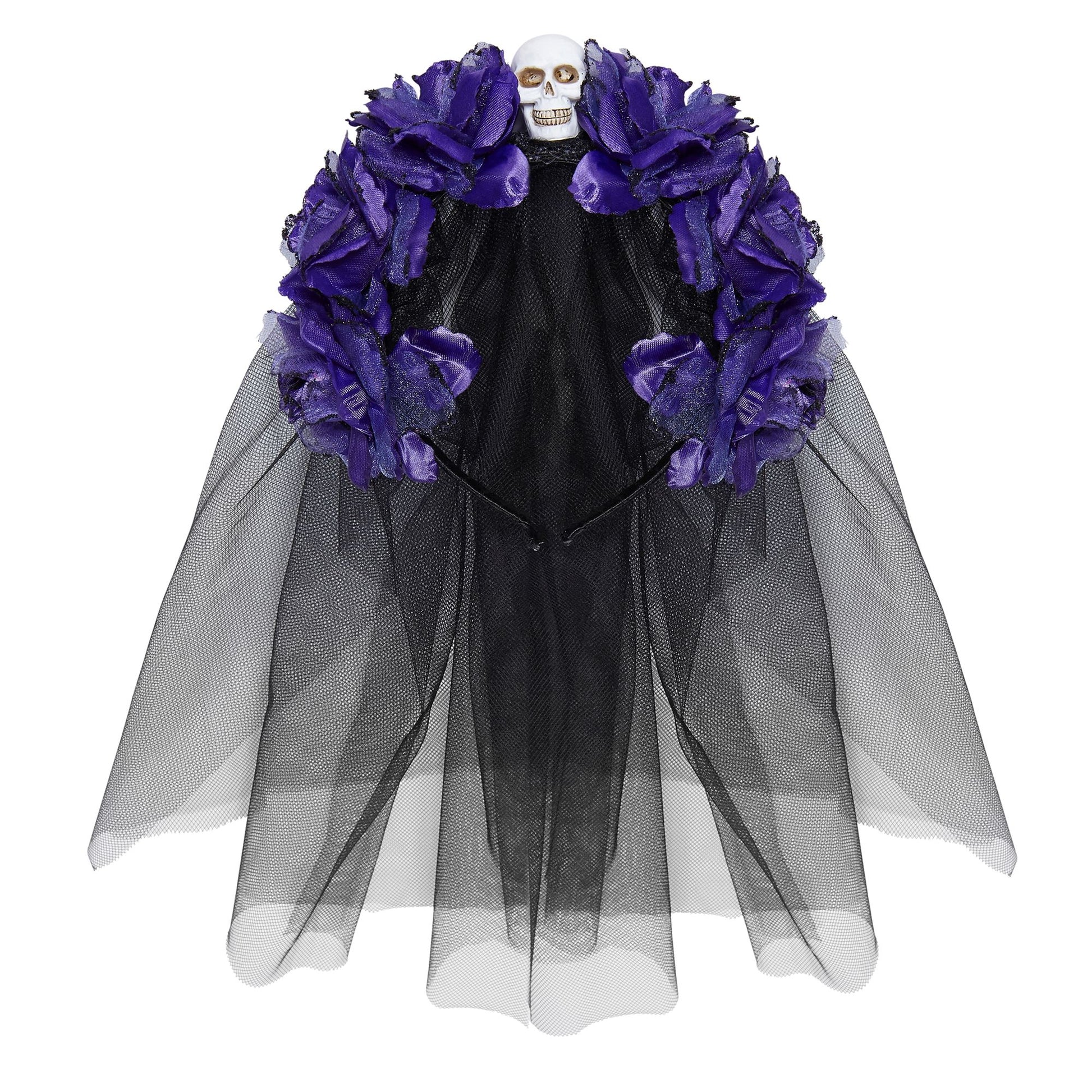 "HAARREIF MIT 6 VIOLETTEN ROSEN, TOTENKOPF UND SCHLEIER" – Vorderansicht