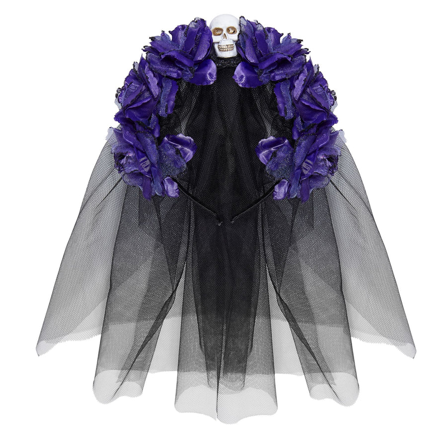"HAARREIF MIT 6 VIOLETTEN ROSEN, TOTENKOPF UND SCHLEIER" – Vorderansicht
