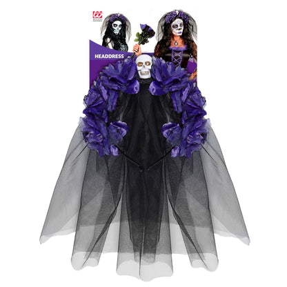"HAARREIF MIT 6 VIOLETTEN ROSEN, TOTENKOPF UND SCHLEIER" – Detailansicht