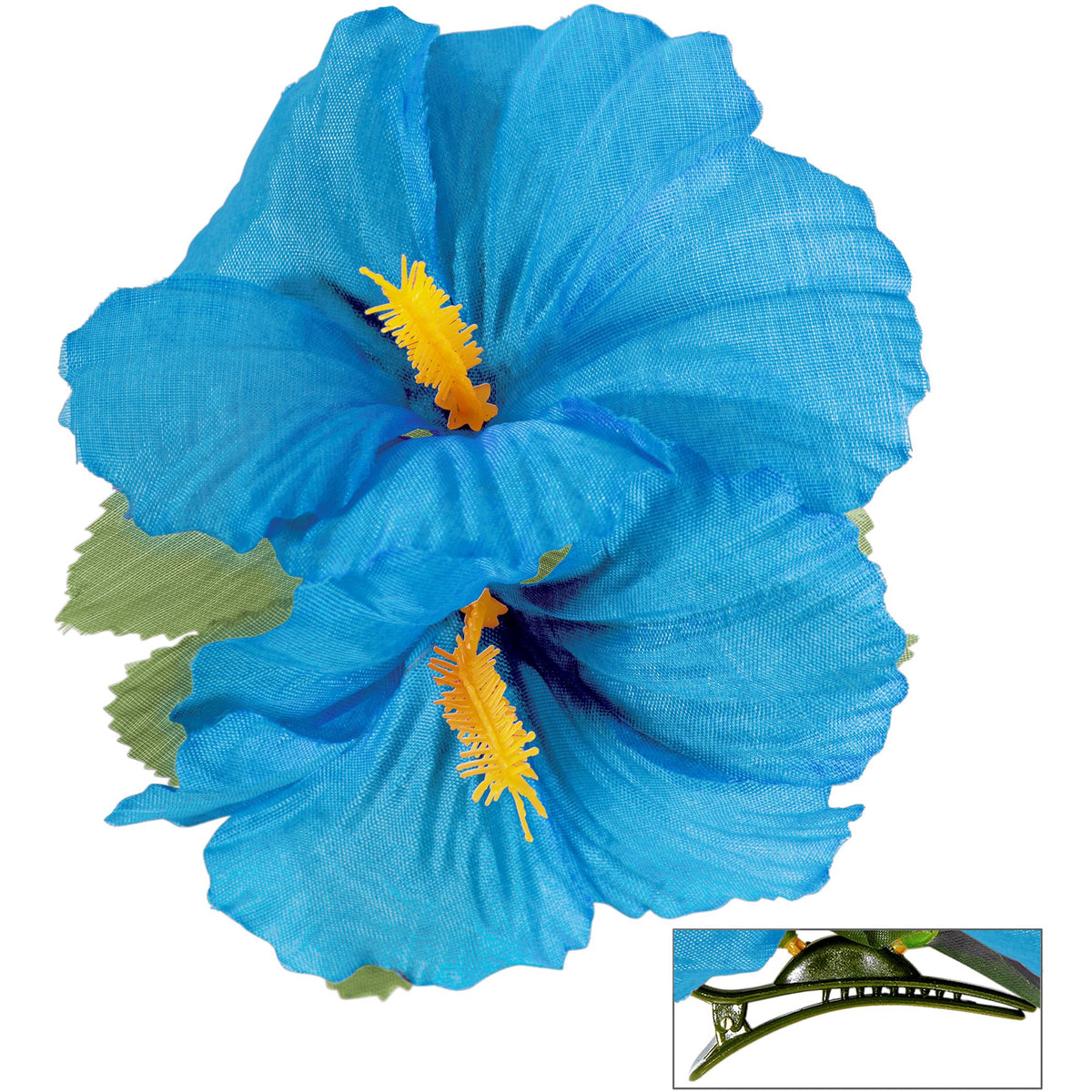 "HAARSPANGE MIT 2 HELLBLAUEN HIBISKUSBLUMEN" – Vorderansicht